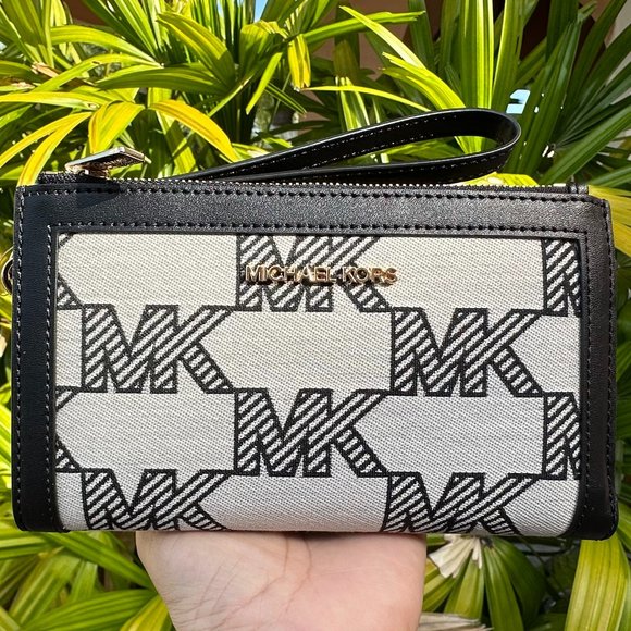 Michael Kors Jet Set Travel Large Double Zip Wallet MK Graphic Logo Beige Black - Picture 1 of 10
